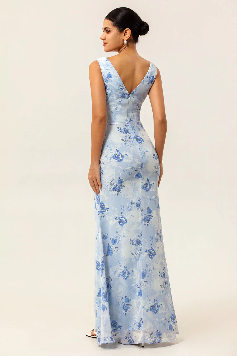 Blue Floral Sheath Cowl Neck Long Wedding Guest Dress - Image 2
