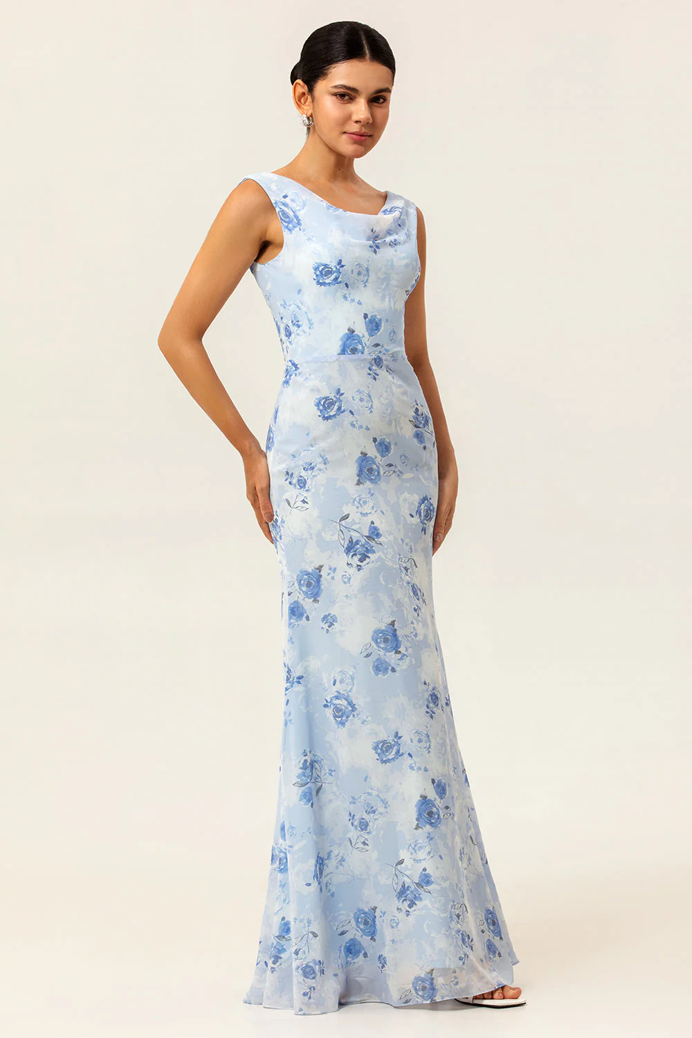 Blue Floral Sheath Cowl Neck Long Wedding Guest Dress - Image 3
