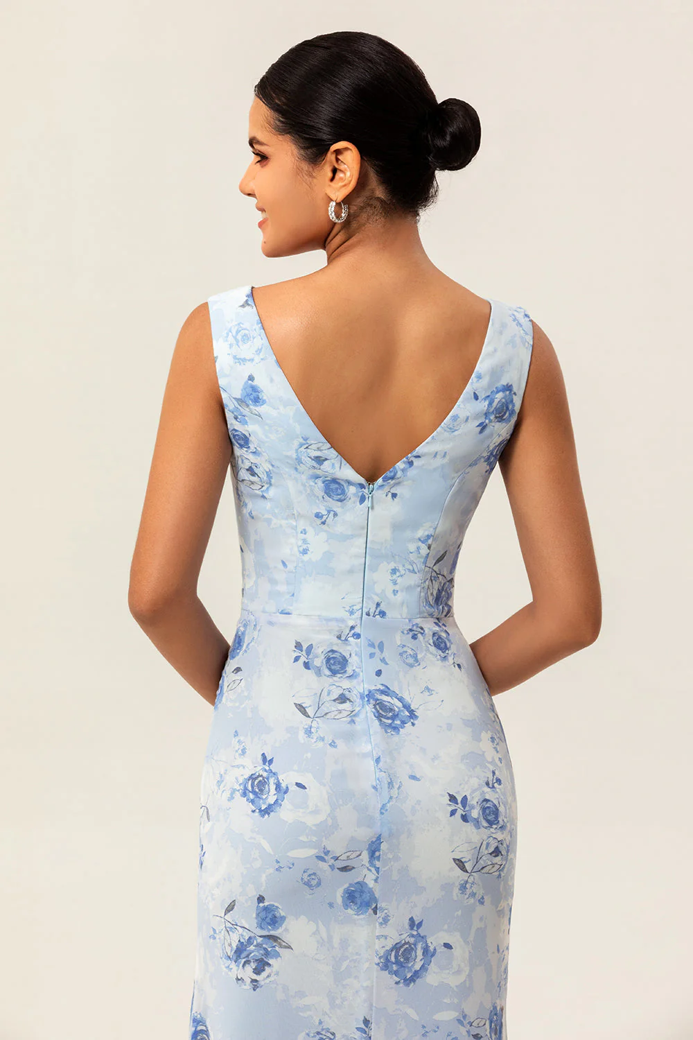 Blue Floral Sheath Cowl Neck Long Wedding Guest Dress - Image 6