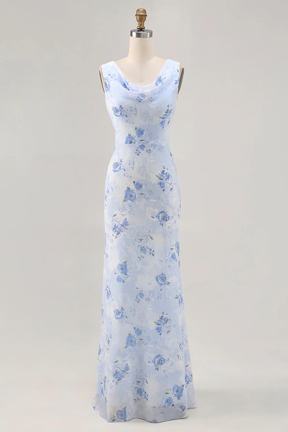 Blue Floral Sheath Cowl Neck Long Wedding Guest Dress - Image 7