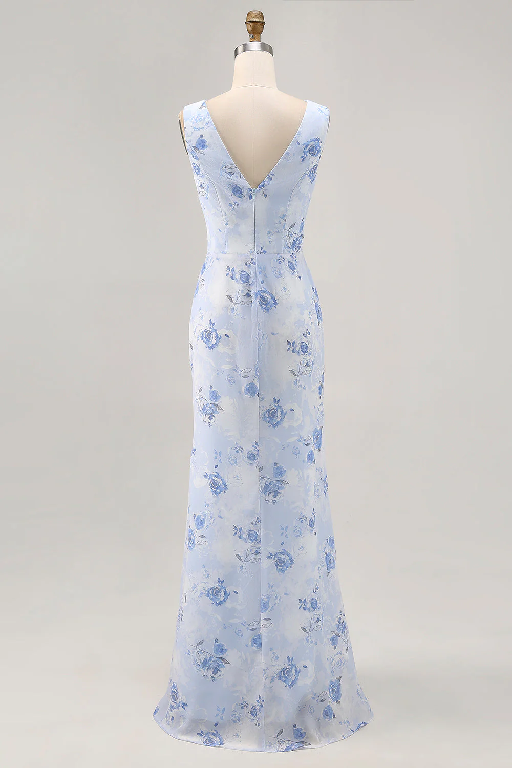 Blue Floral Sheath Cowl Neck Long Wedding Guest Dress - Image 8