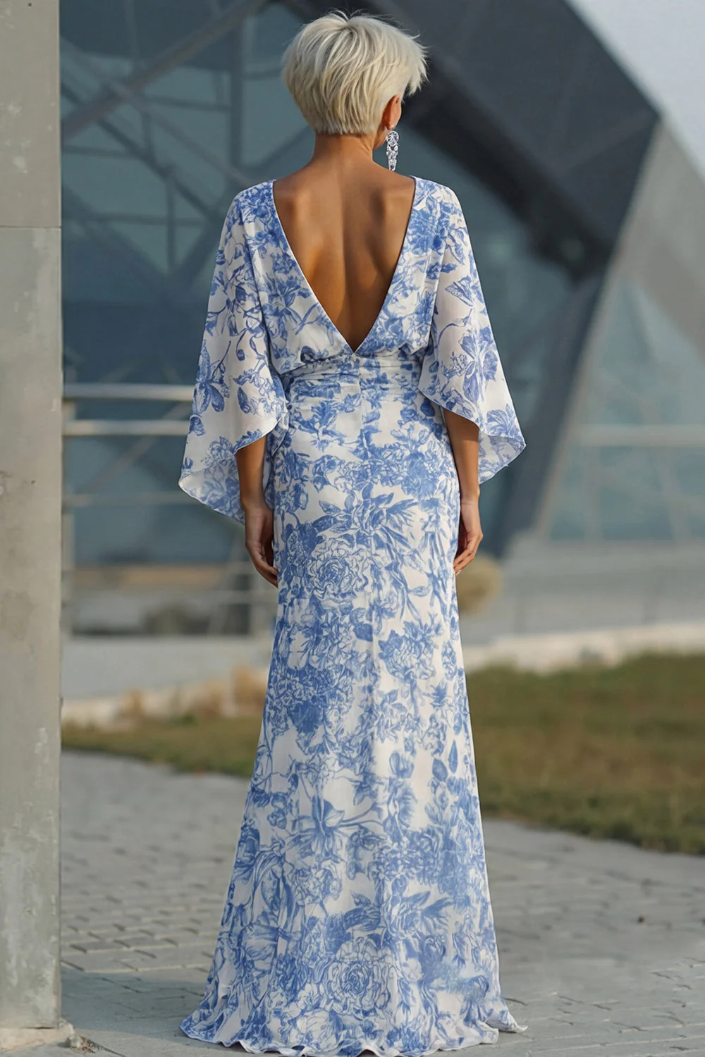 Blue Floral Sheath Mother of the Bride Dress with Flared Sleeves - Image 2