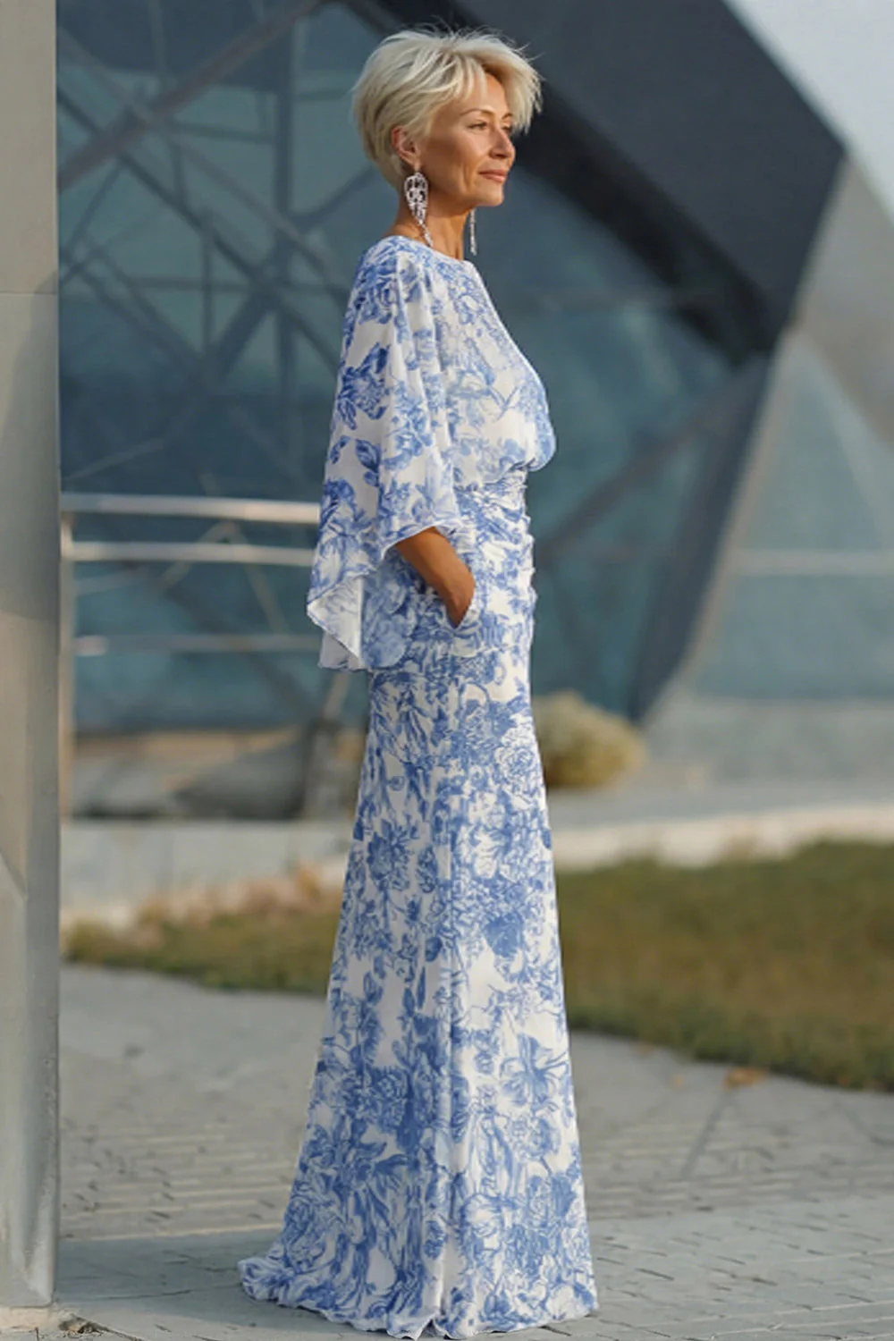 Blue Floral Sheath Mother of the Bride Dress with Flared Sleeves - Image 3