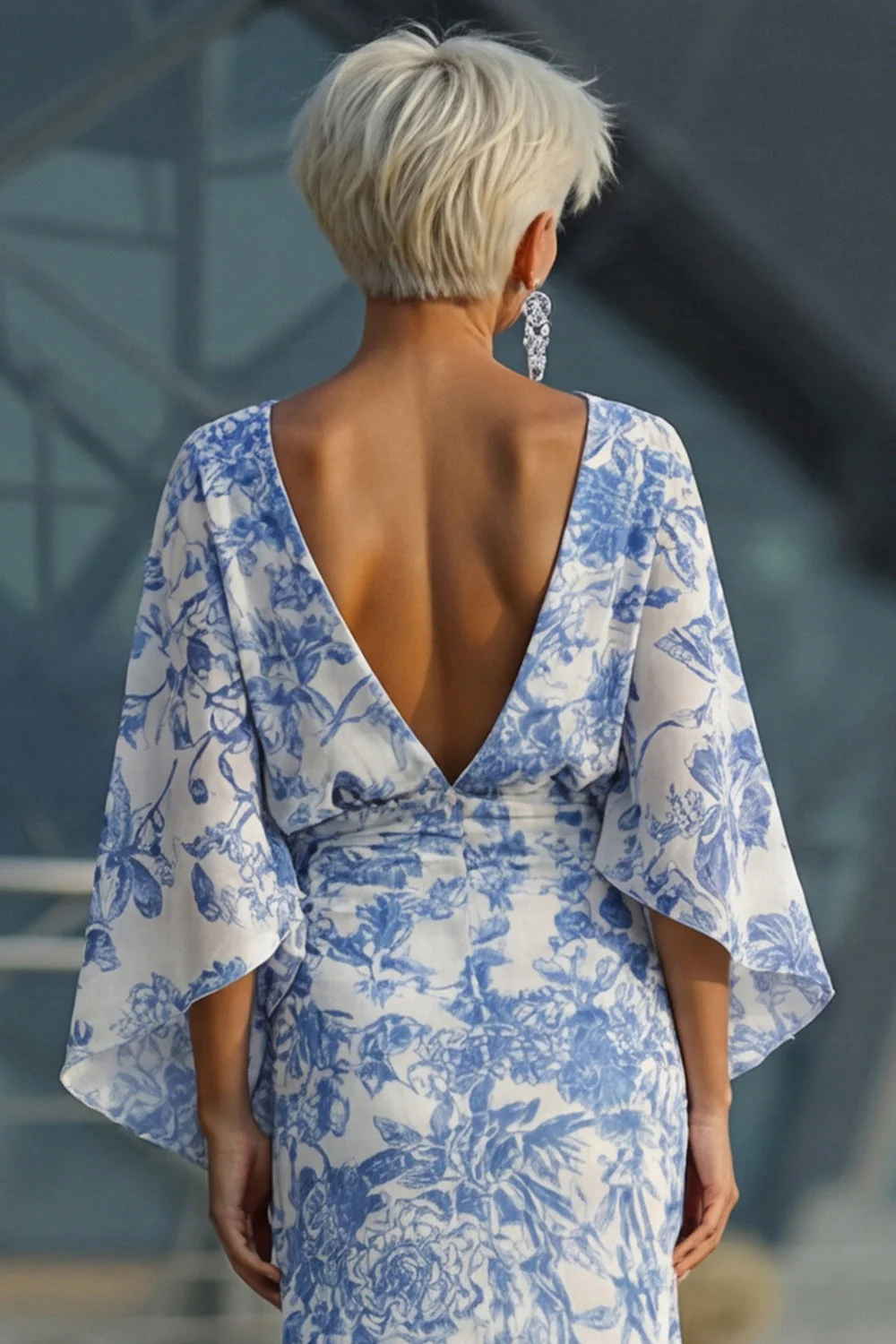 Blue Floral Sheath Mother of the Bride Dress with Flared Sleeves - Image 5