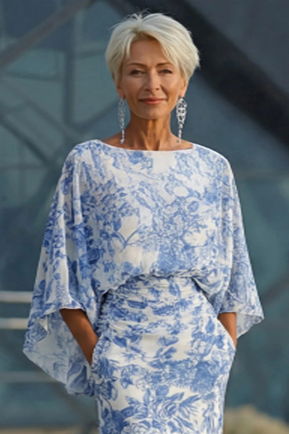 Blue Floral Sheath Mother of the Bride Dress with Flared Sleeves - Image 6