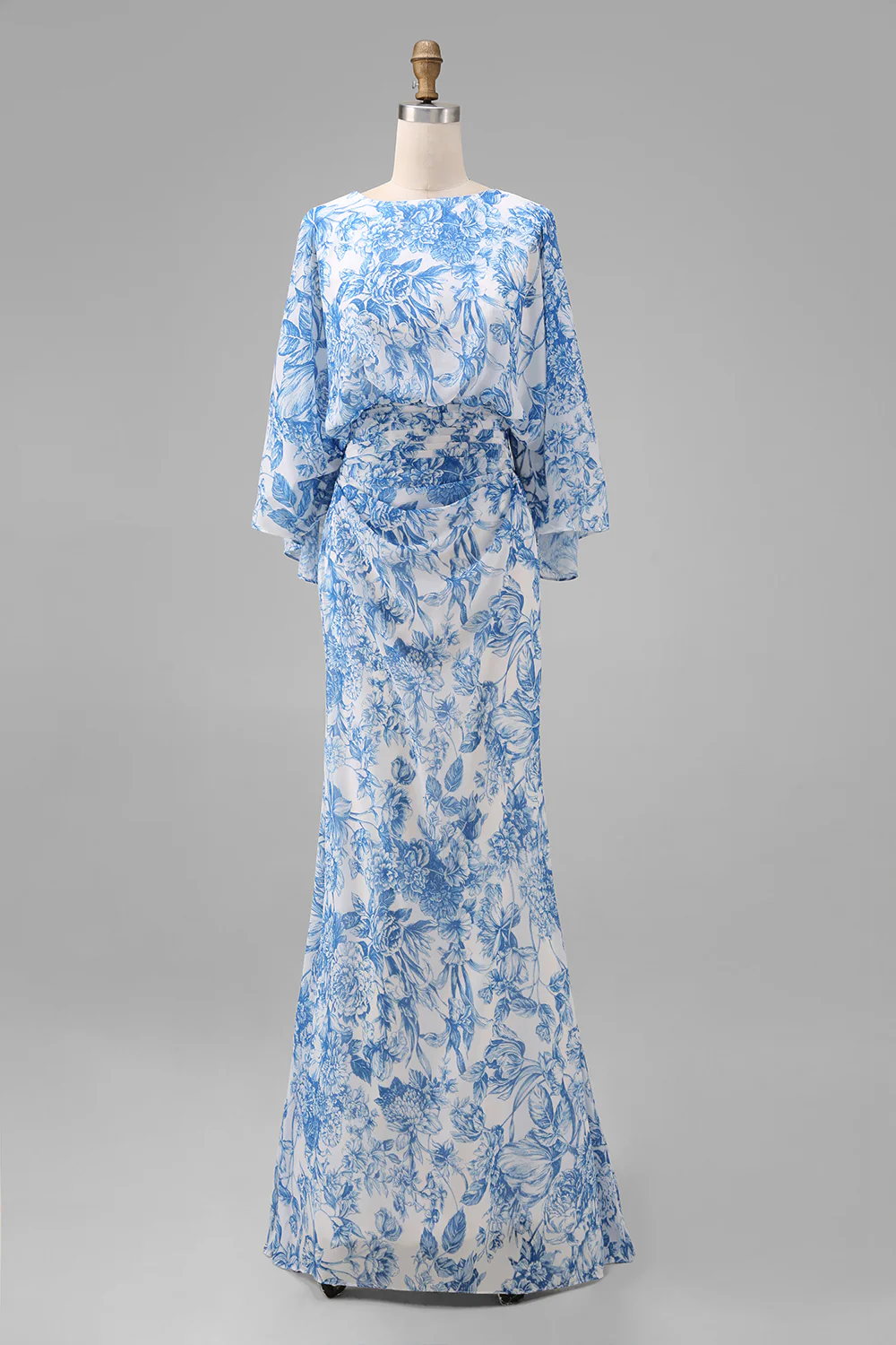 Blue Floral Sheath Mother of the Bride Dress with Flared Sleeves - Image 7