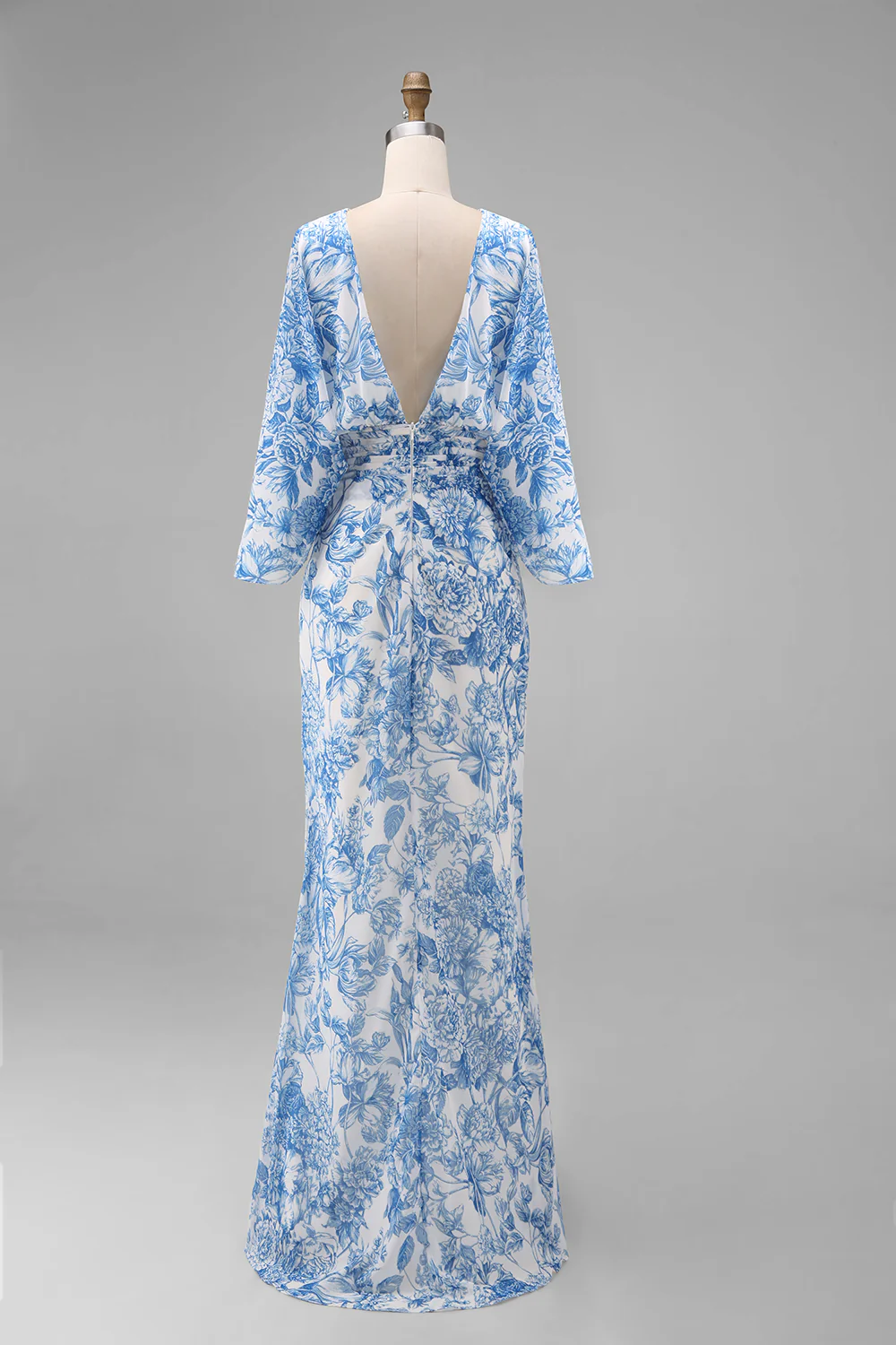 Blue Floral Sheath Mother of the Bride Dress with Flared Sleeves - Image 8