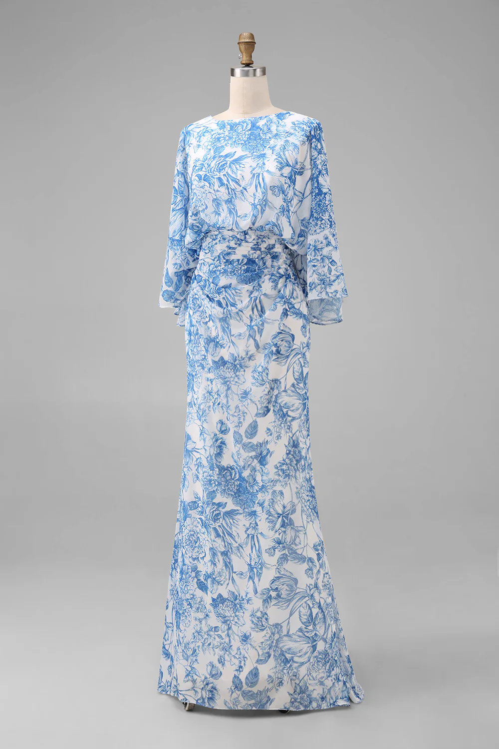 Blue Floral Sheath Mother of the Bride Dress with Flared Sleeves - Image 9