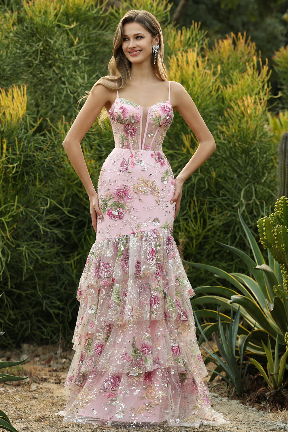 Blue Floral Tiered Ruffle Mermaid Sequin Long Prom Dress with Slit - Image 10