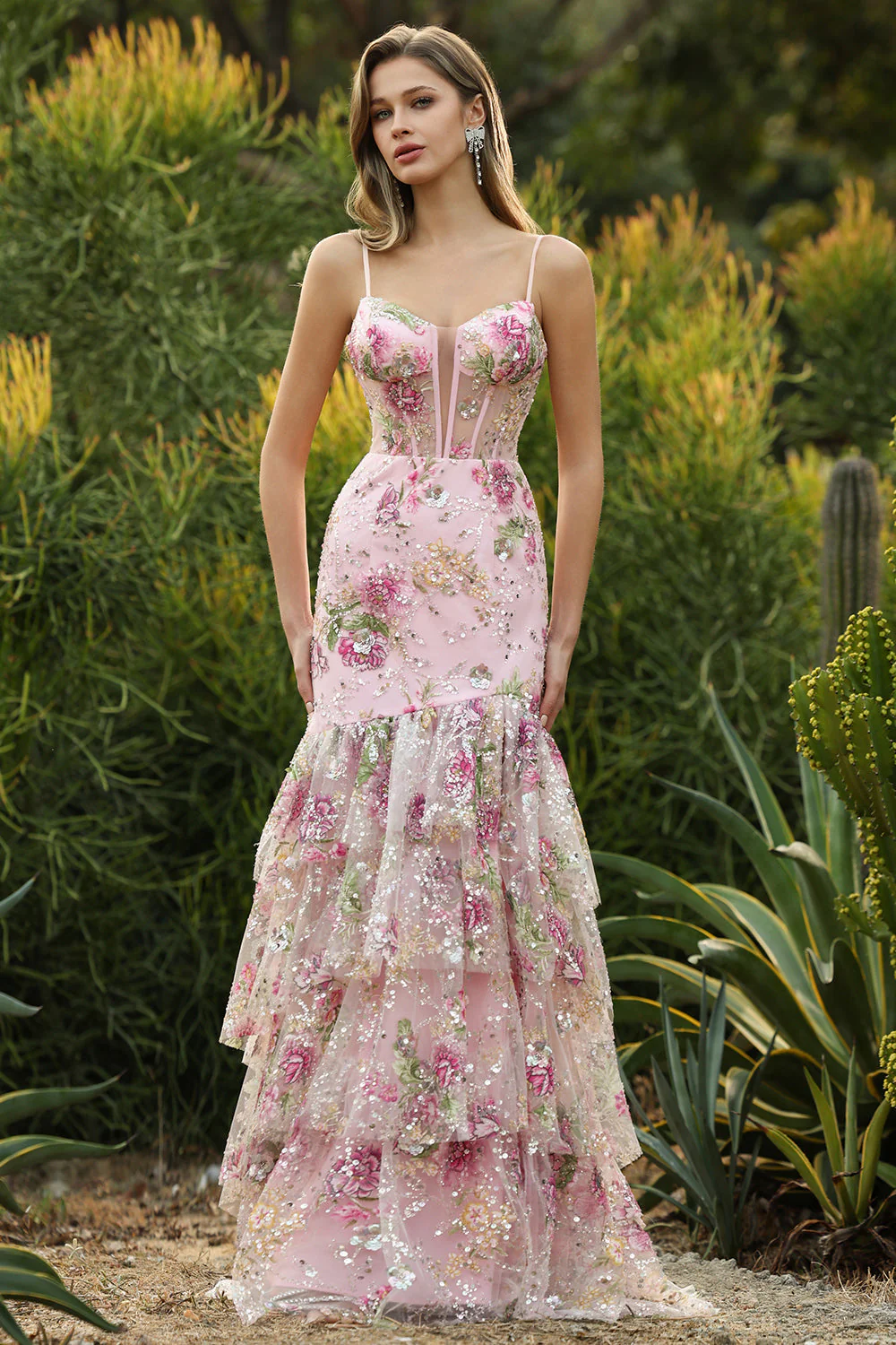 Blue Floral Tiered Ruffle Mermaid Sequin Long Prom Dress with Slit - Image 7