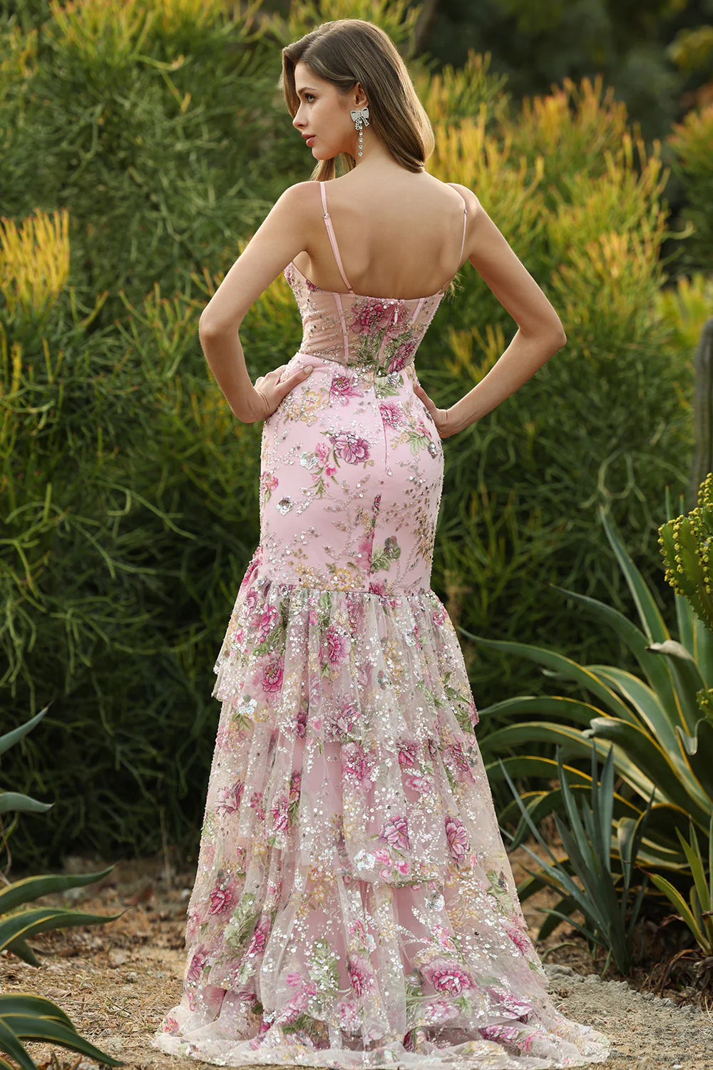 Blue Floral Tiered Ruffle Mermaid Sequin Long Prom Dress with Slit - Image 8