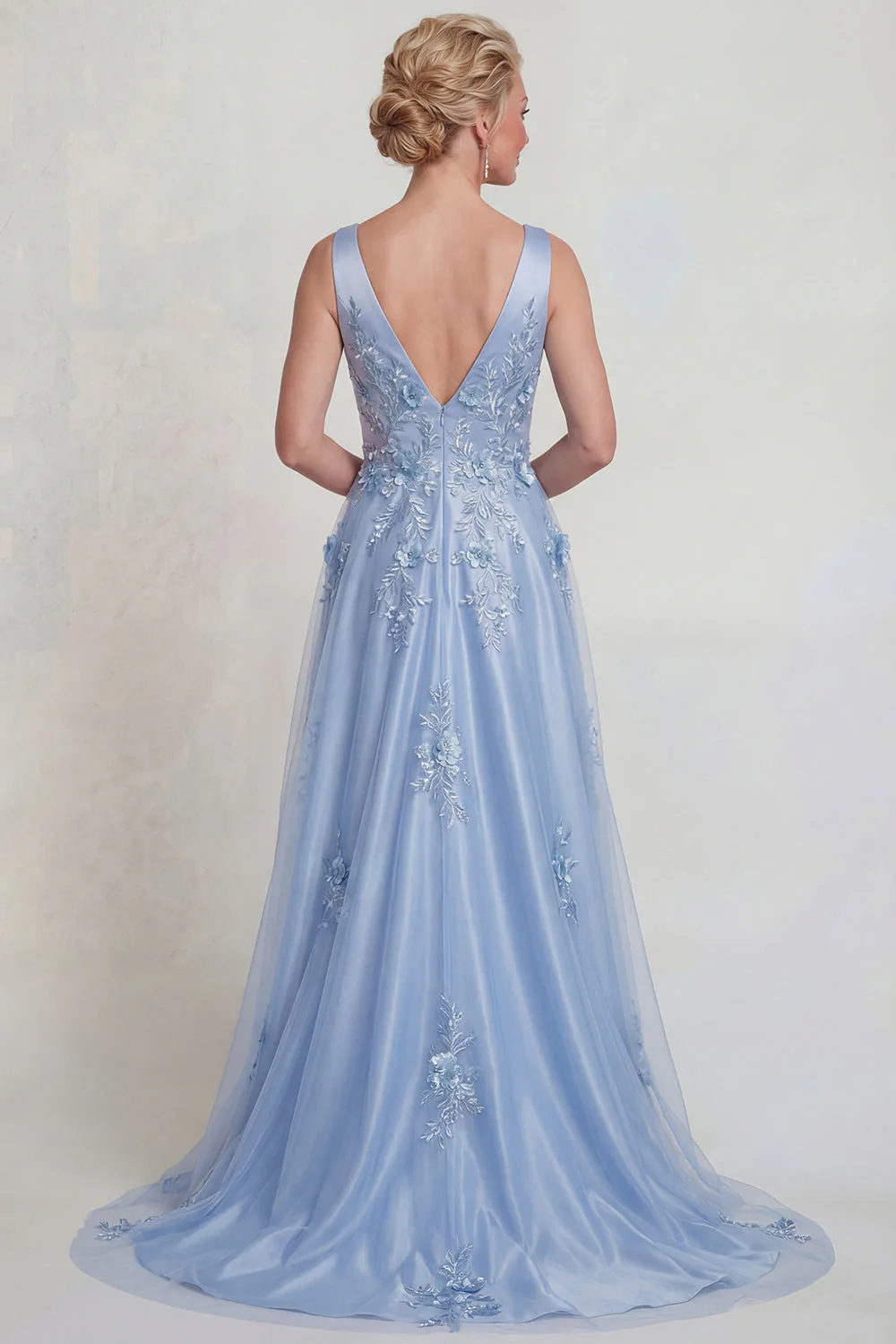 Blue Flower A Line Appliqued V Neck Satin Mother of the Bride Dress - Image 2