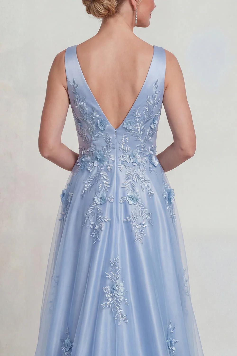 Blue Flower A Line Appliqued V Neck Satin Mother of the Bride Dress - Image 4