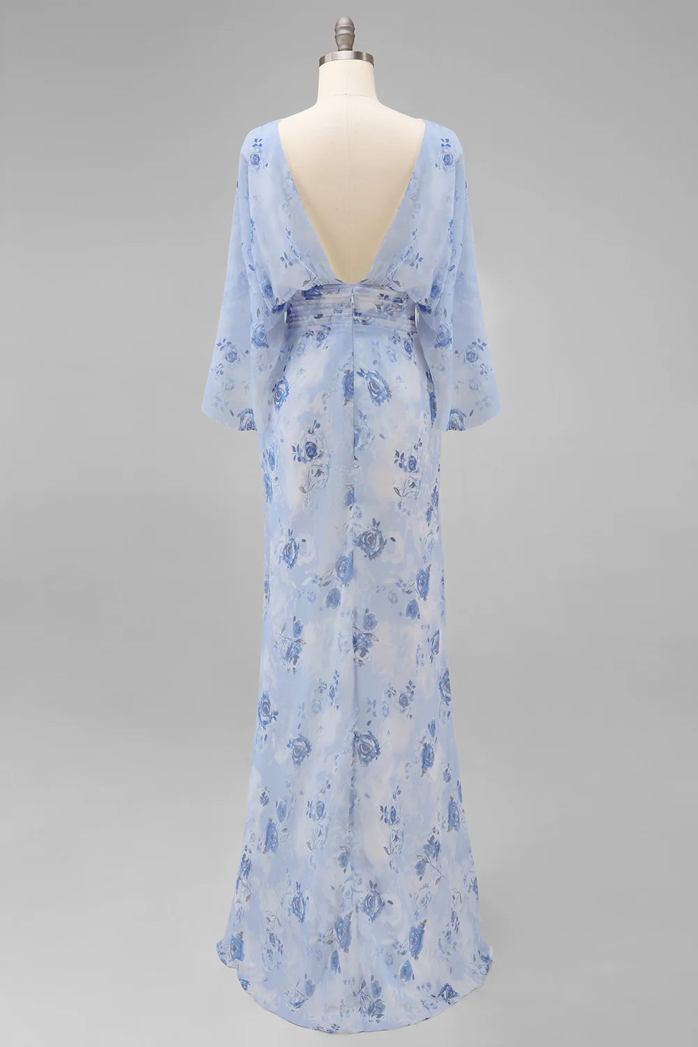 Dusty Rose Floral Open Back Mother of the Bride Dress with Flared Sleeves - Image 8