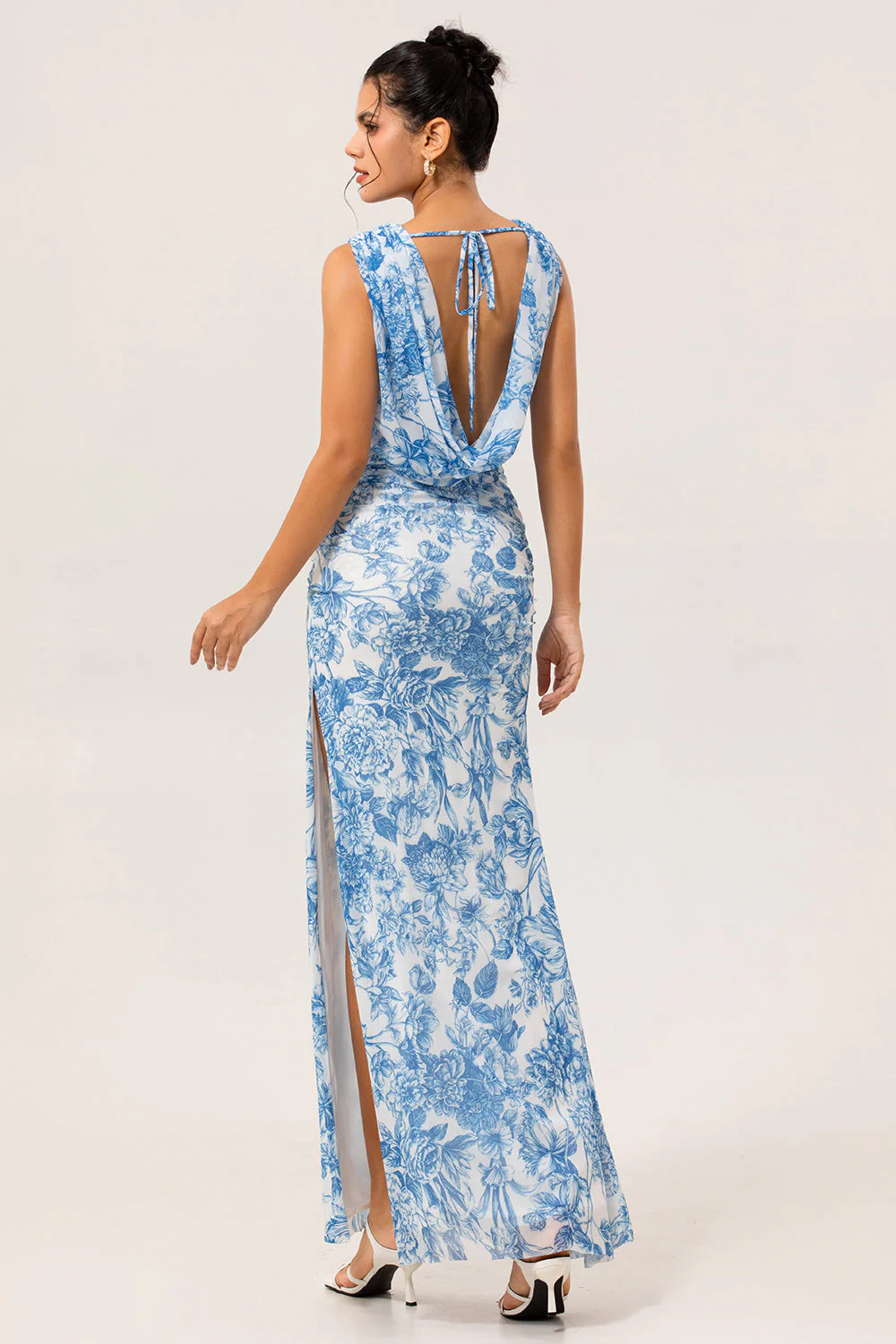 Blue Flower Cowl Neck Sheath Print Long Bridesmaid Dress with Slit - Image 2