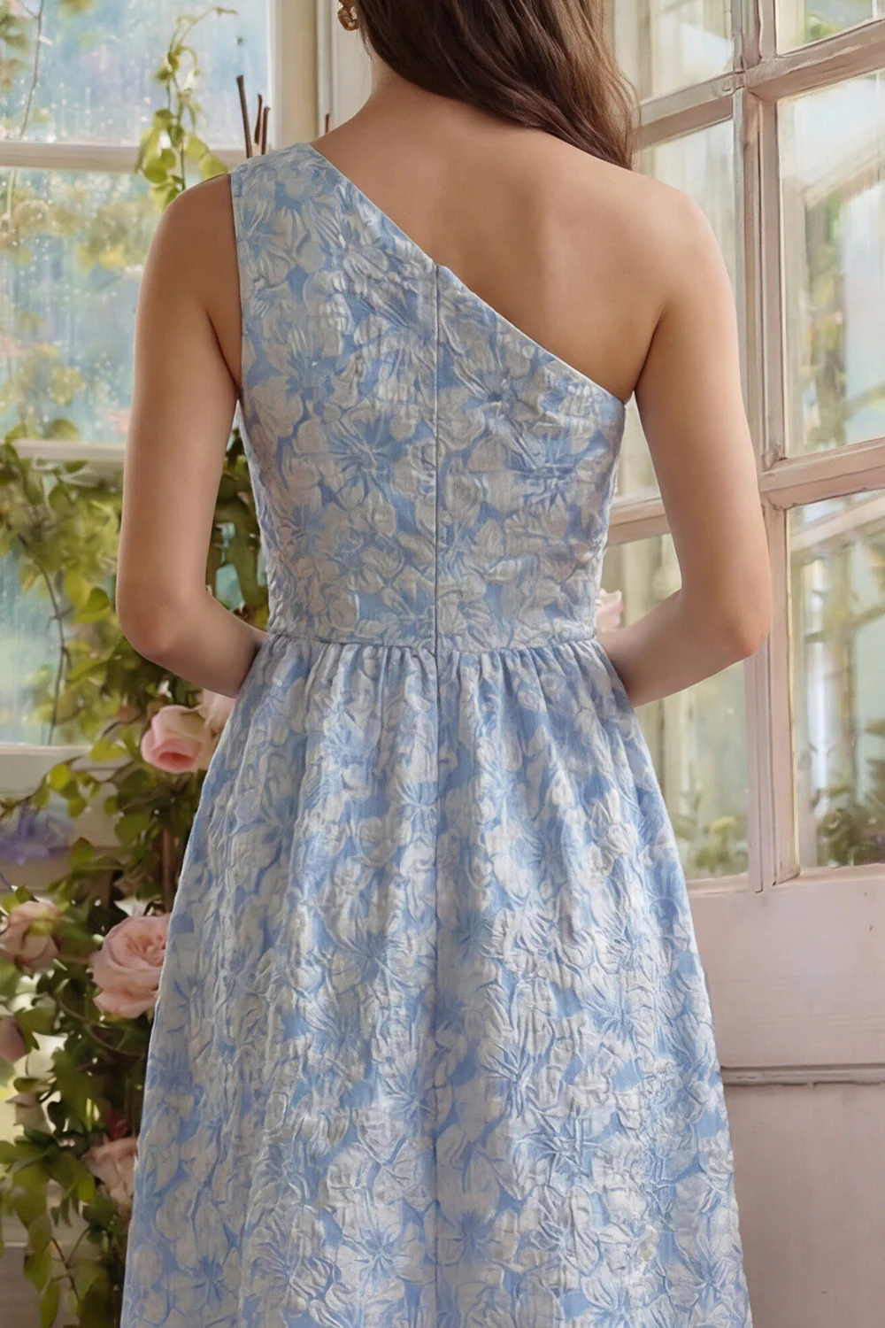 Blue Flower Jacquard One Shoulder A Line Midi Dress with Ruffles - Image 4