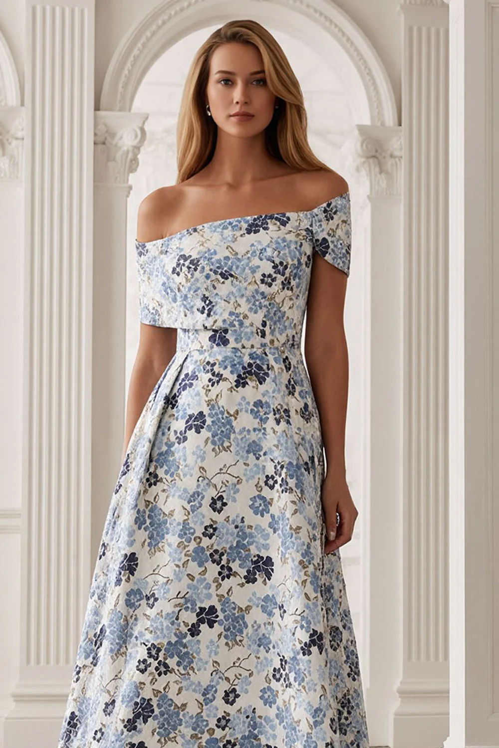 Blue Flower Off the Shoulder A-Line Long Mother of the Bride Dress - Image 4
