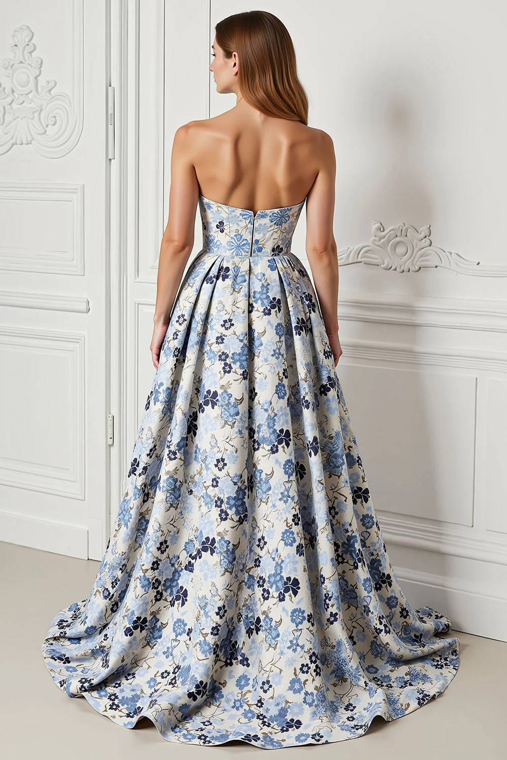 Blue Flower Printed Strapless A Line Long Prom Dress with Slit - Image 2