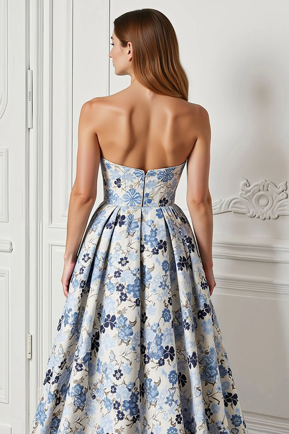 Blue Flower Printed Strapless A Line Long Prom Dress with Slit - Image 4