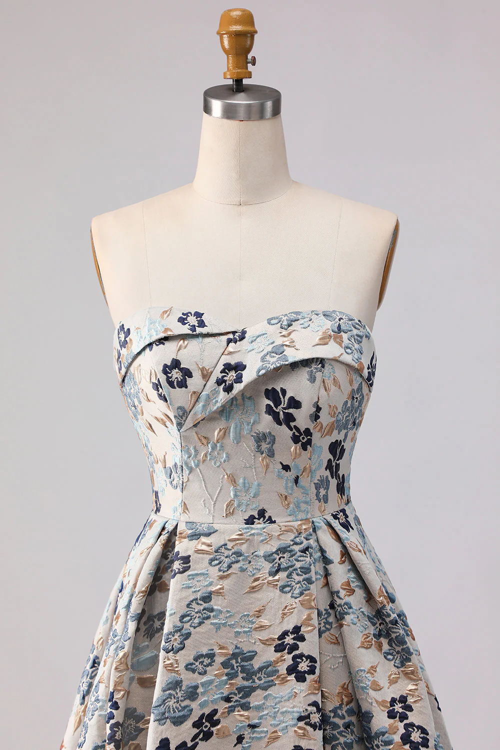 Blue Flower Strapless A Line Printed Long Prom Dress with Slit - Image 10