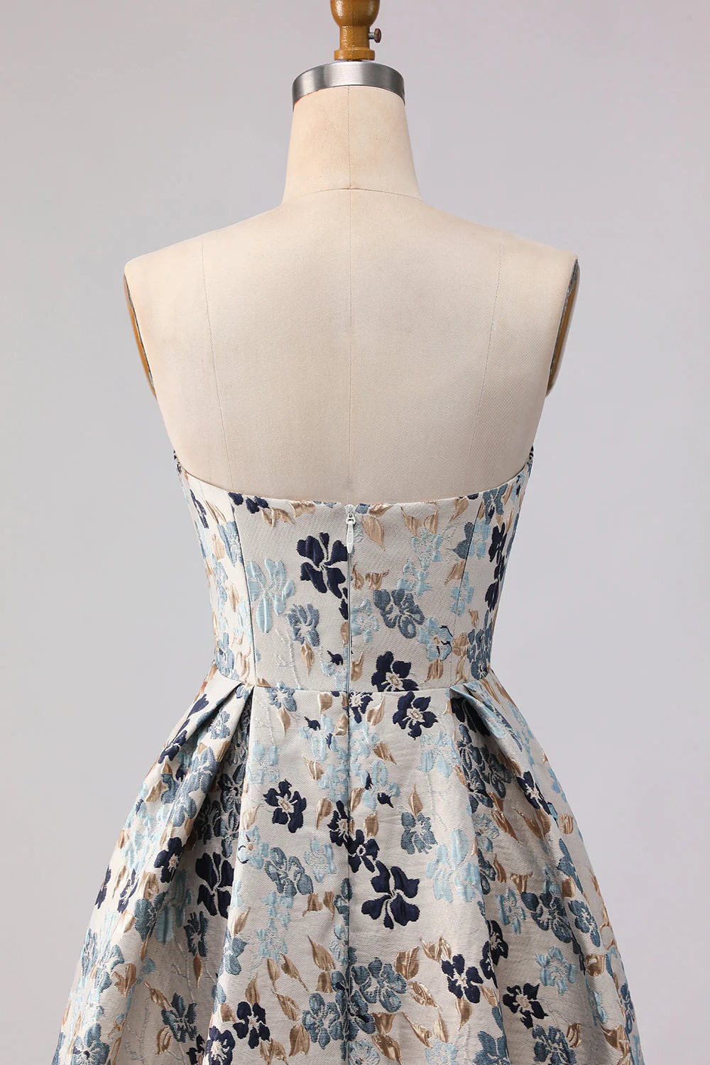 Blue Flower Strapless A Line Printed Long Prom Dress with Slit - Image 11