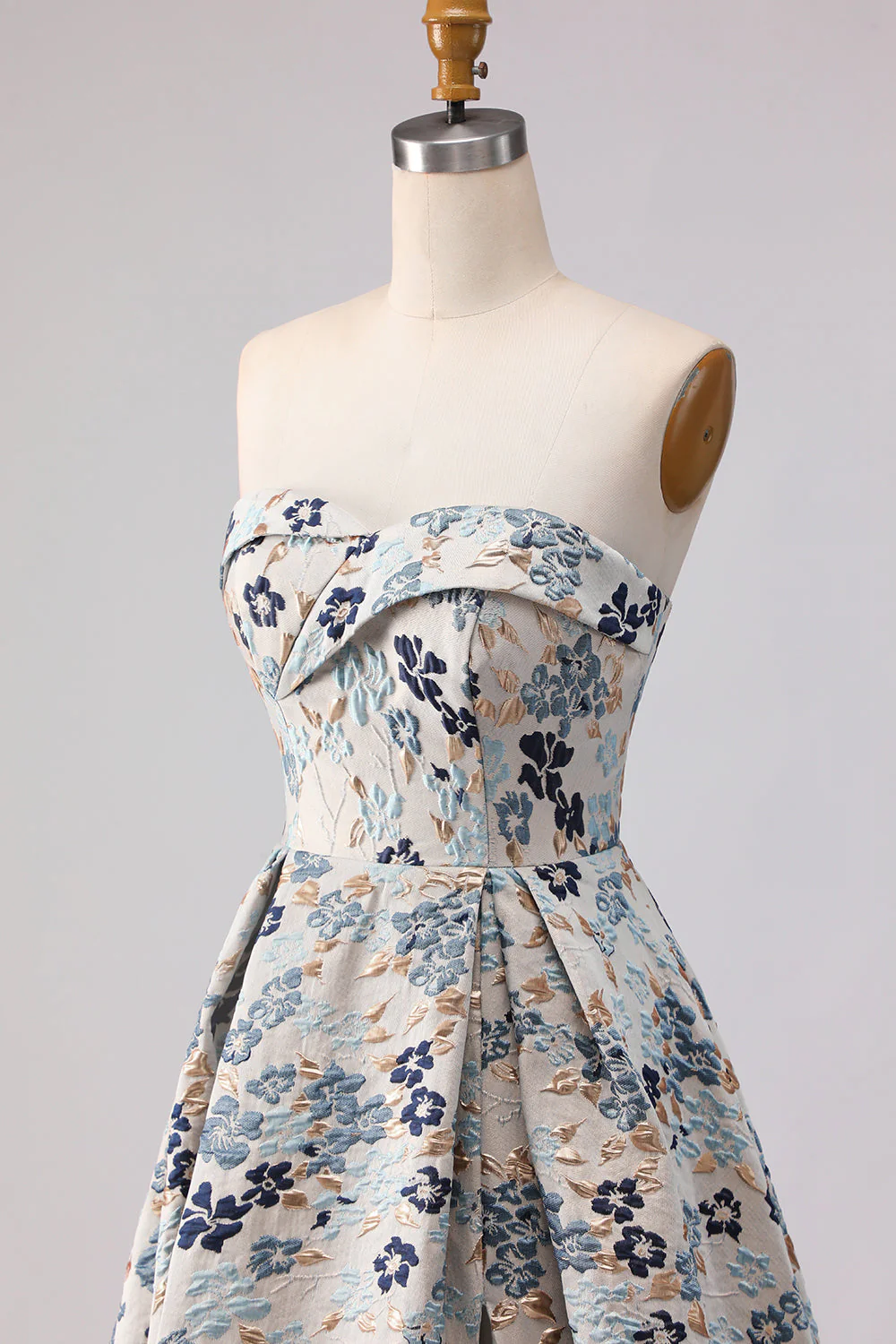 Blue Flower Strapless A Line Printed Long Prom Dress with Slit - Image 12
