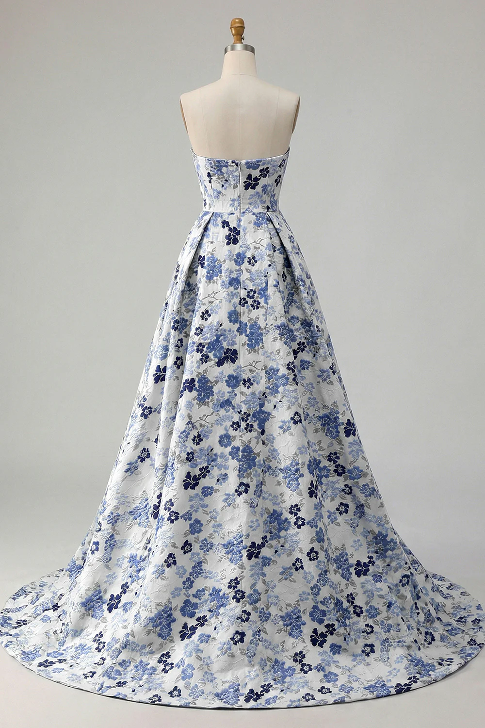 Blue Flower Strapless A Line Printed Long Prom Dress with Slit - Image 2