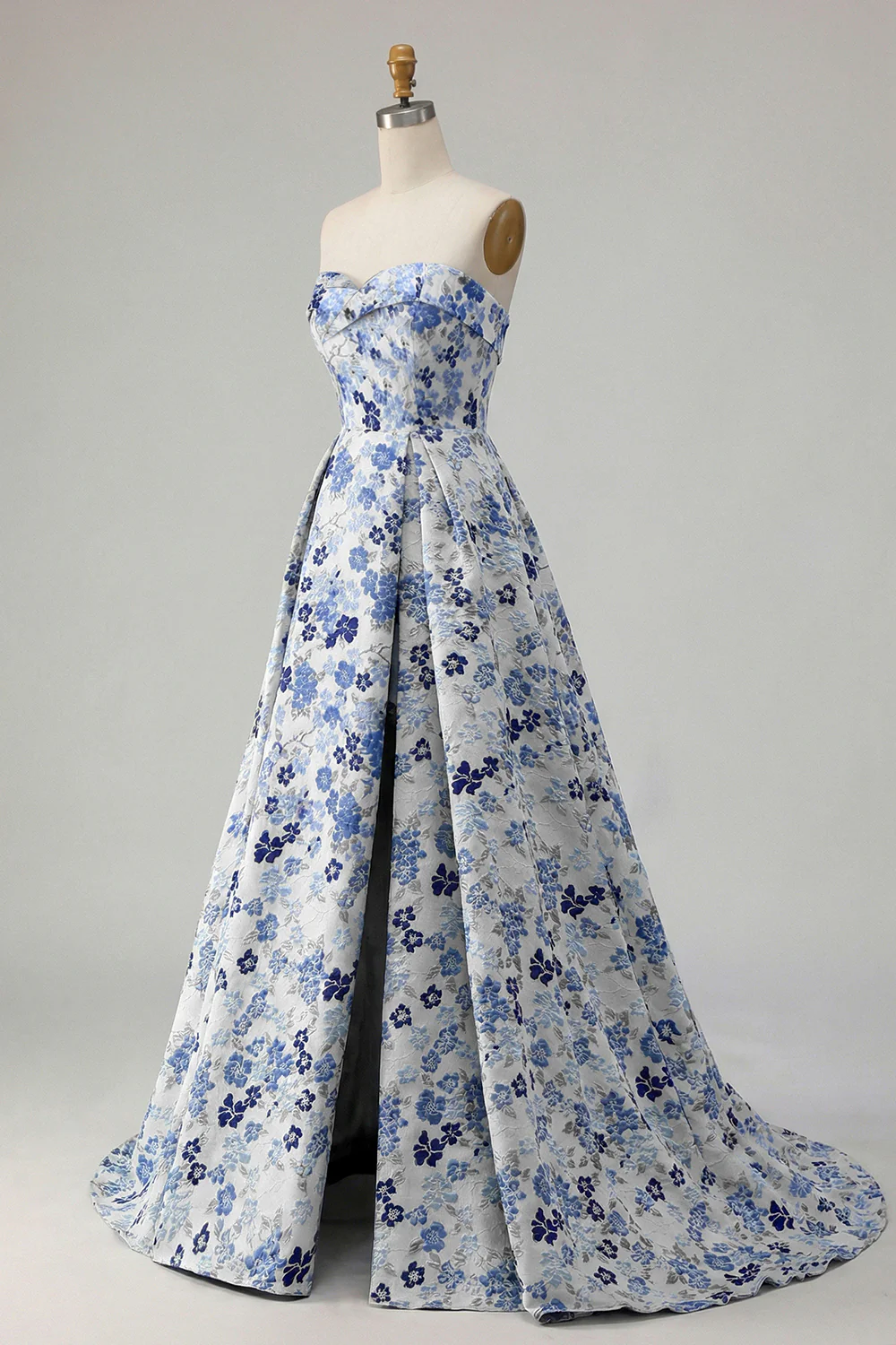 Blue Flower Strapless A Line Printed Long Prom Dress with Slit - Image 3