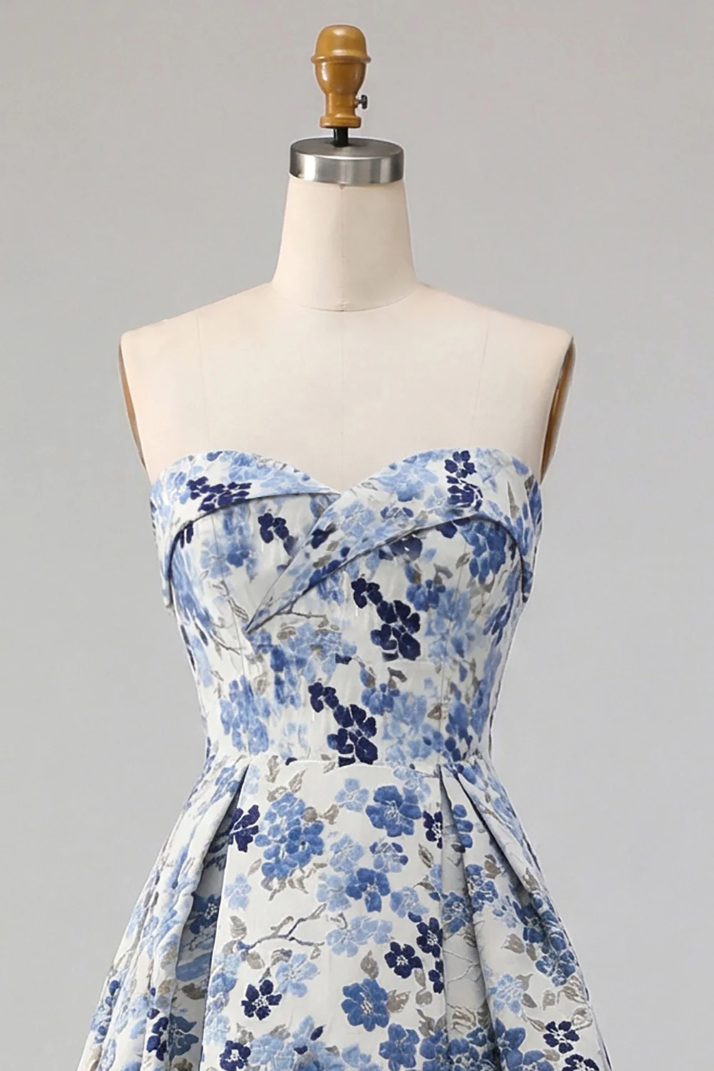 Blue Flower Strapless A Line Printed Long Prom Dress with Slit - Image 4