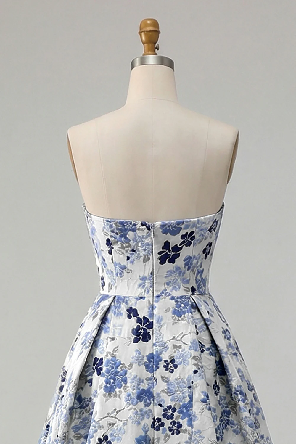 Blue Flower Strapless A Line Printed Long Prom Dress with Slit - Image 5