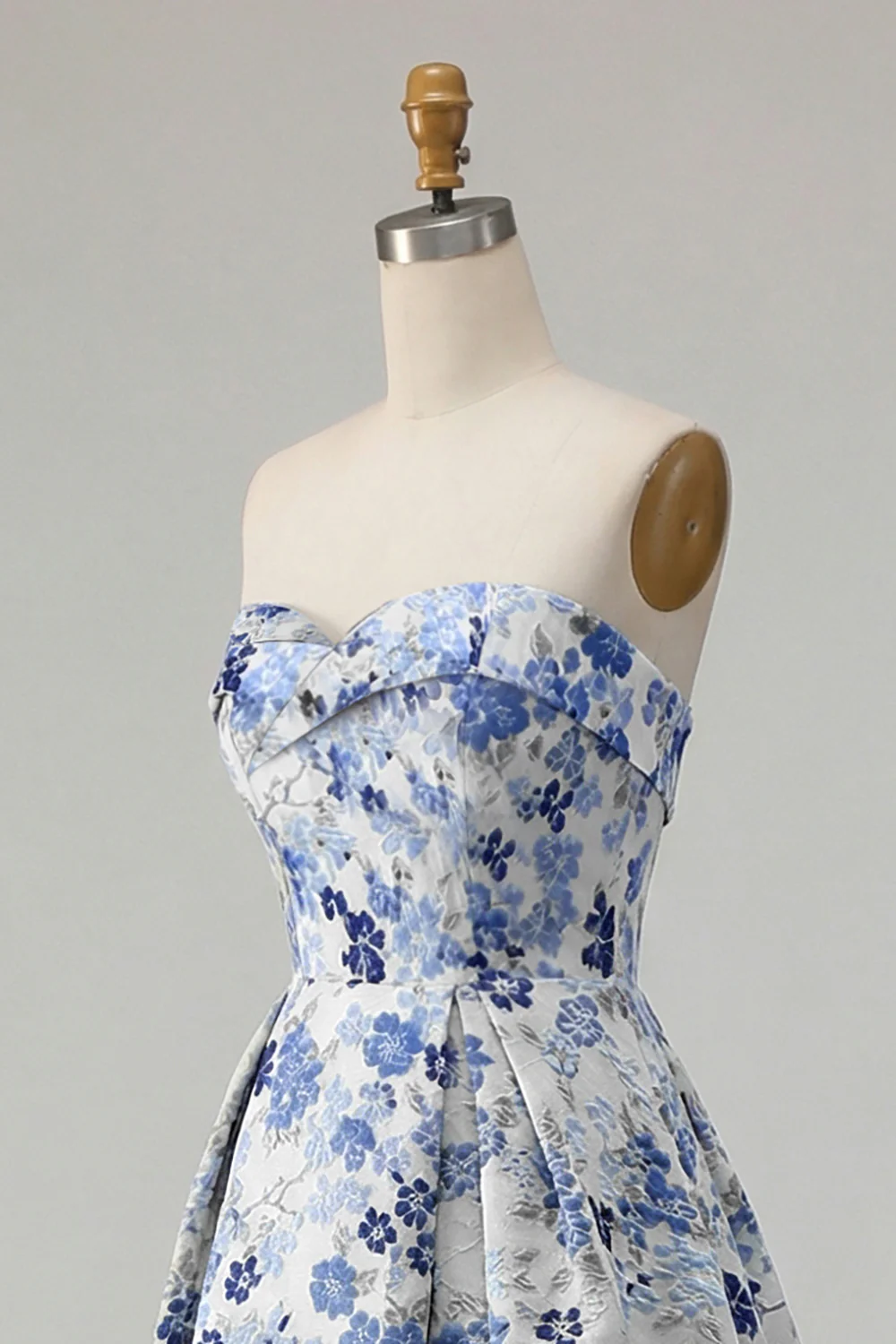 Blue Flower Strapless A Line Printed Long Prom Dress with Slit - Image 6