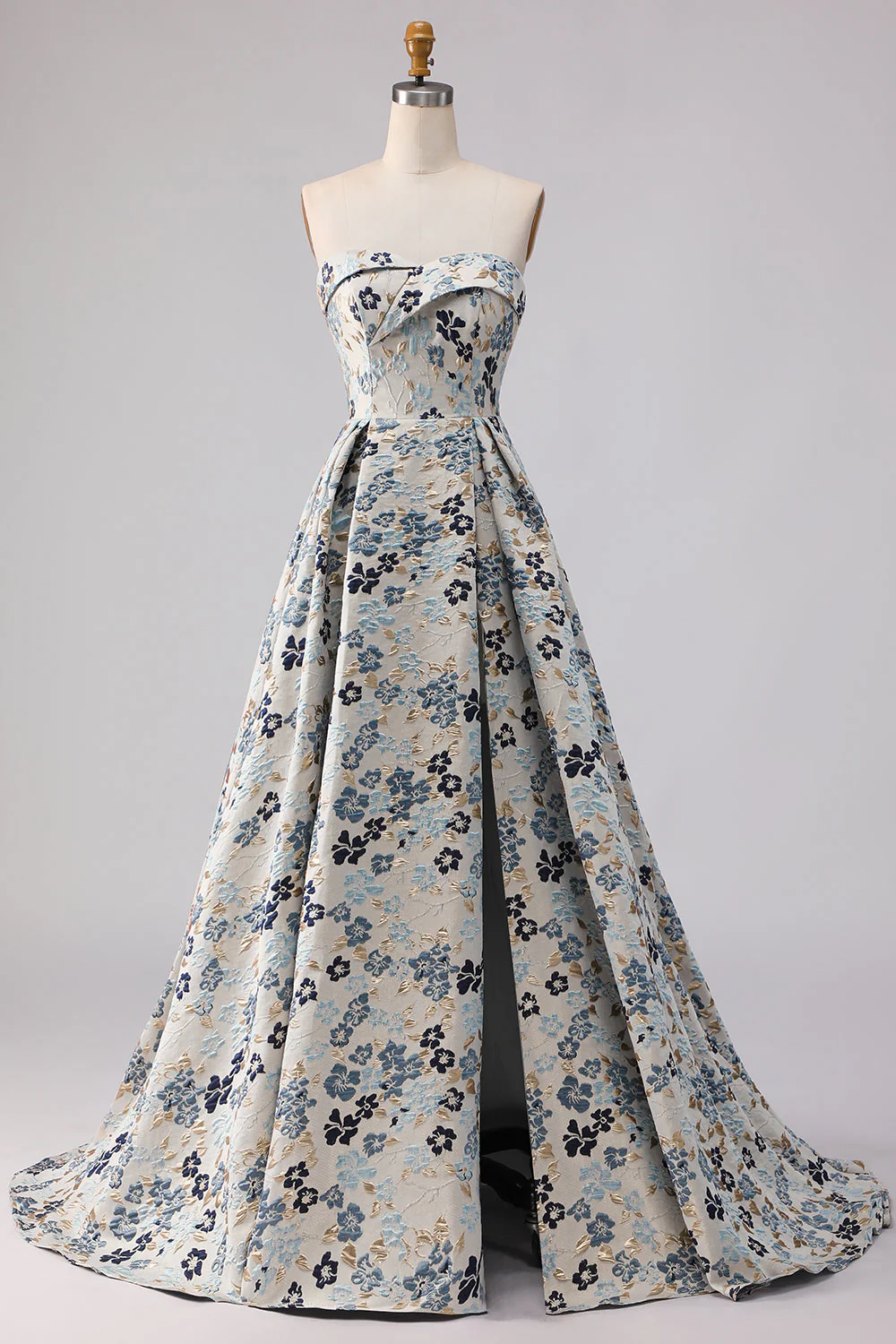 Blue Flower Strapless A Line Printed Long Prom Dress with Slit - Image 7