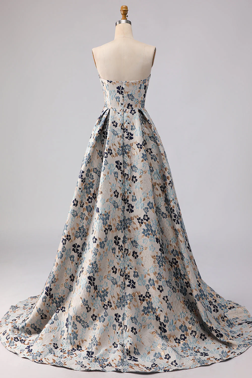 Blue Flower Strapless A Line Printed Long Prom Dress with Slit - Image 8