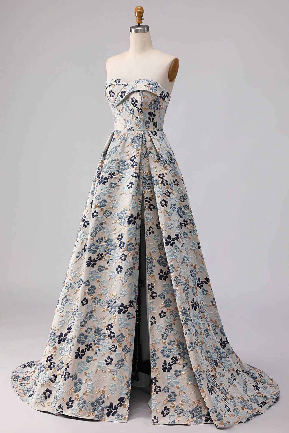 Blue Flower Strapless A Line Printed Long Prom Dress with Slit - Image 9