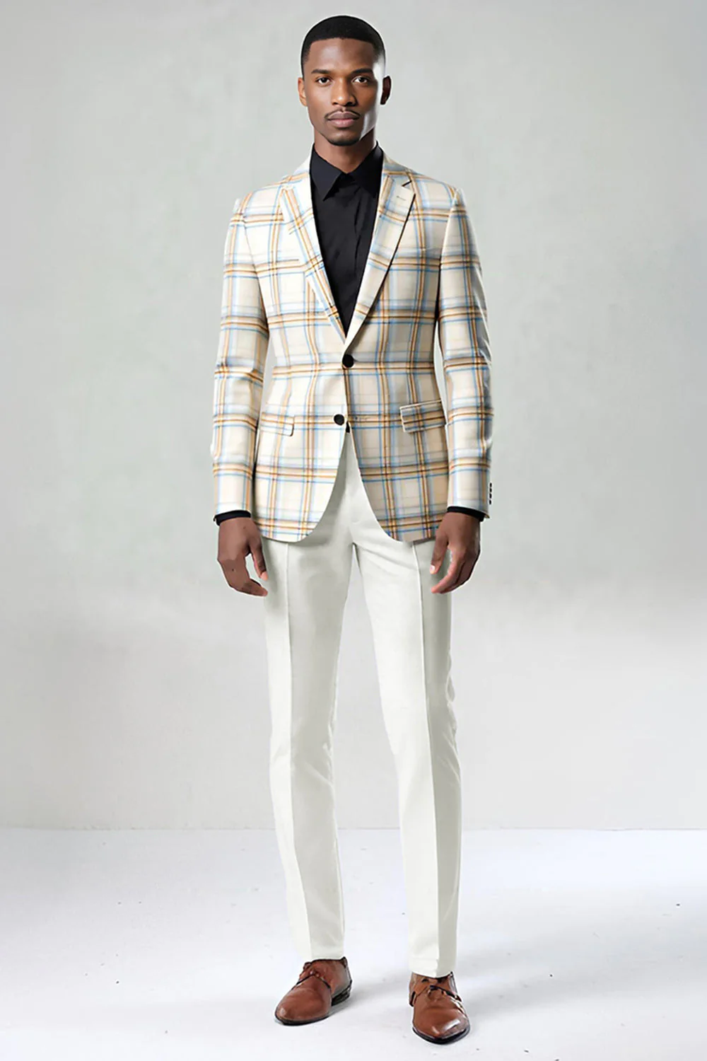 Blue Green Grid Notched Lapel 2 Piece Men's Prom Suits - Image 8