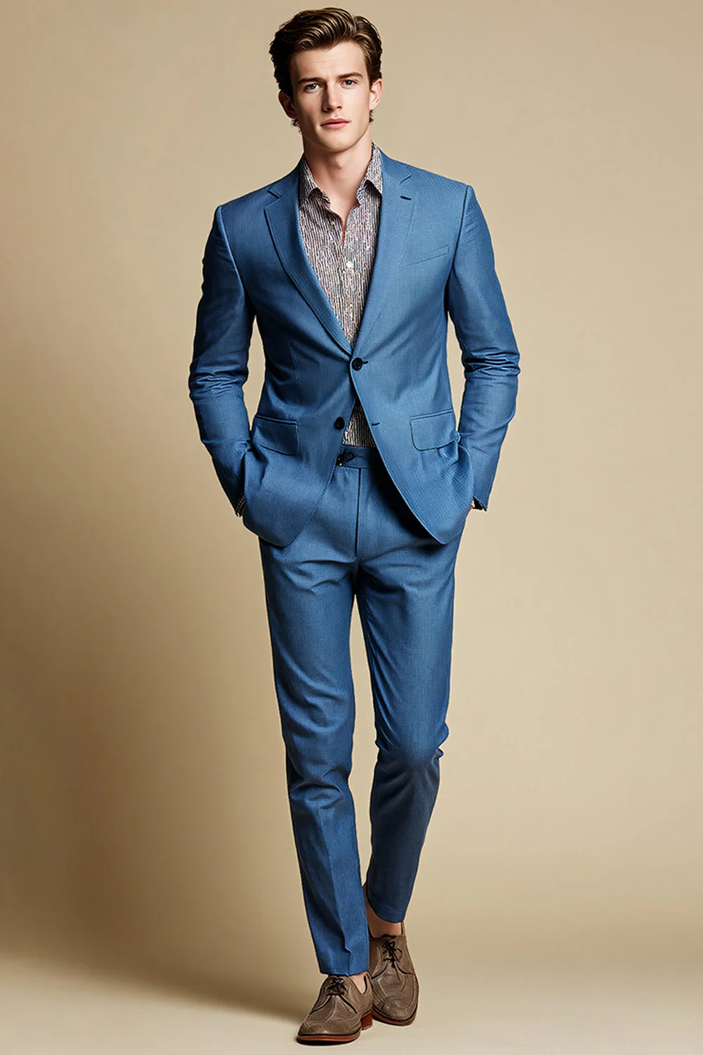 Blue Grey Notched Lapel Single Breasted Men Blazer - Image 2