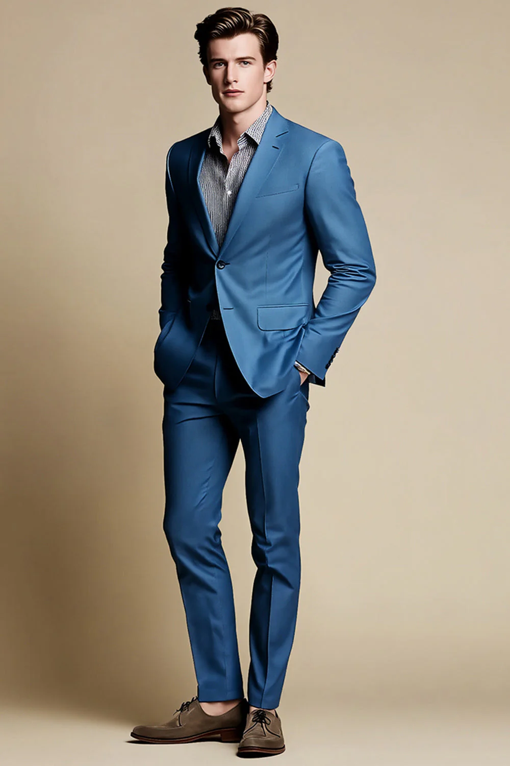 Blue Grey Notched Lapel Single Breasted Men Blazer - Image 4