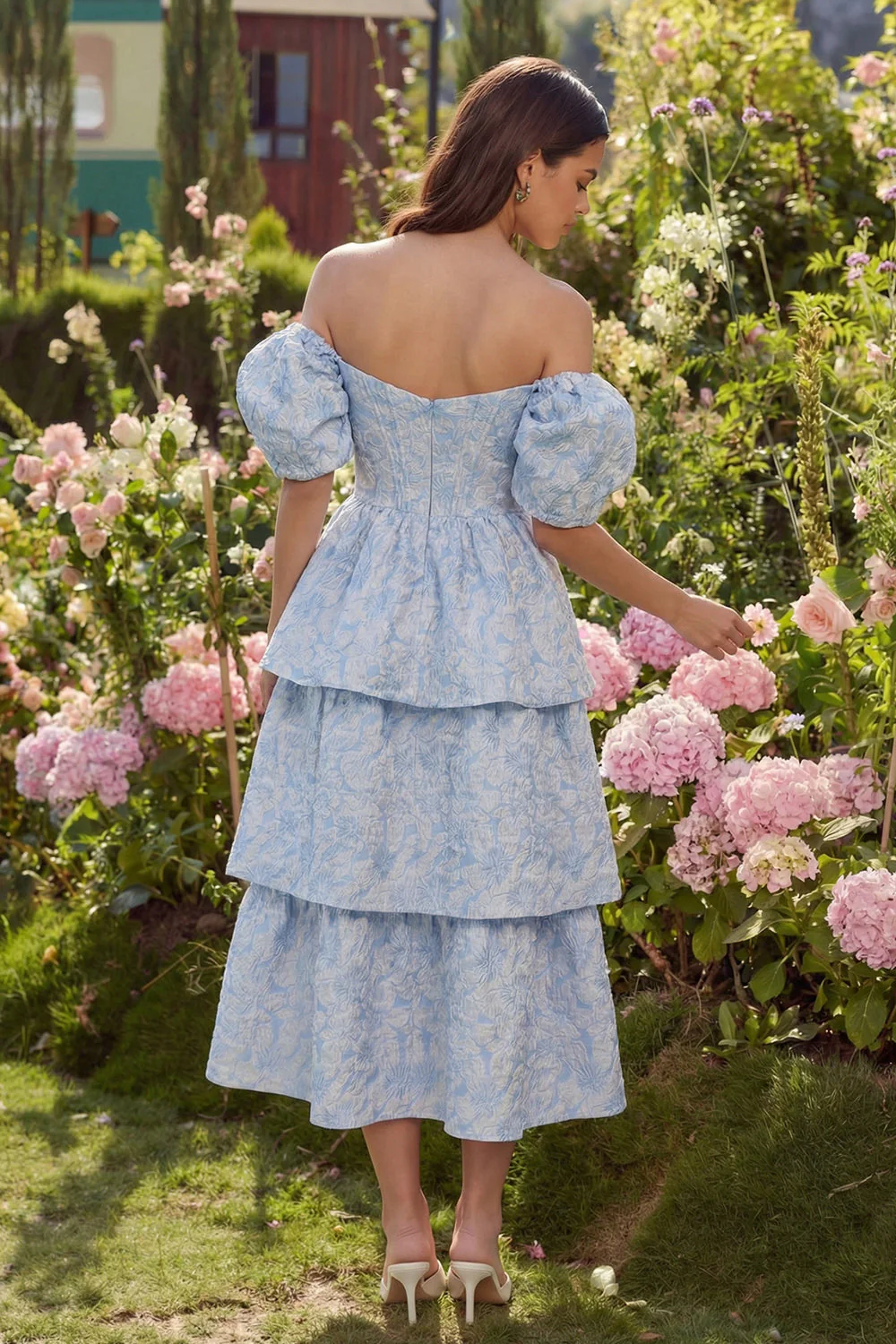 Blue Jacquard A-Line Off the Shoulder Tiered Midi Dress - Image 2