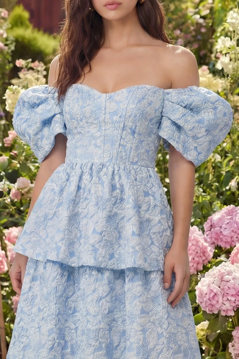 Blue Jacquard A-Line Off the Shoulder Tiered Midi Dress - Image 4