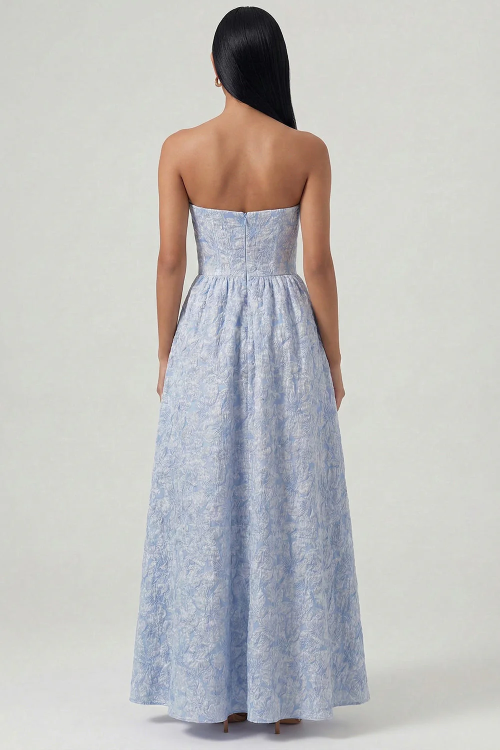 Blue Strapless A Line Corset Jacquard Midi Dress - Image 2
