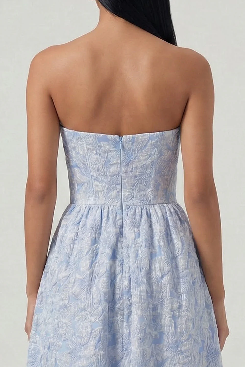 Blue Strapless A Line Corset Jacquard Midi Dress - Image 4