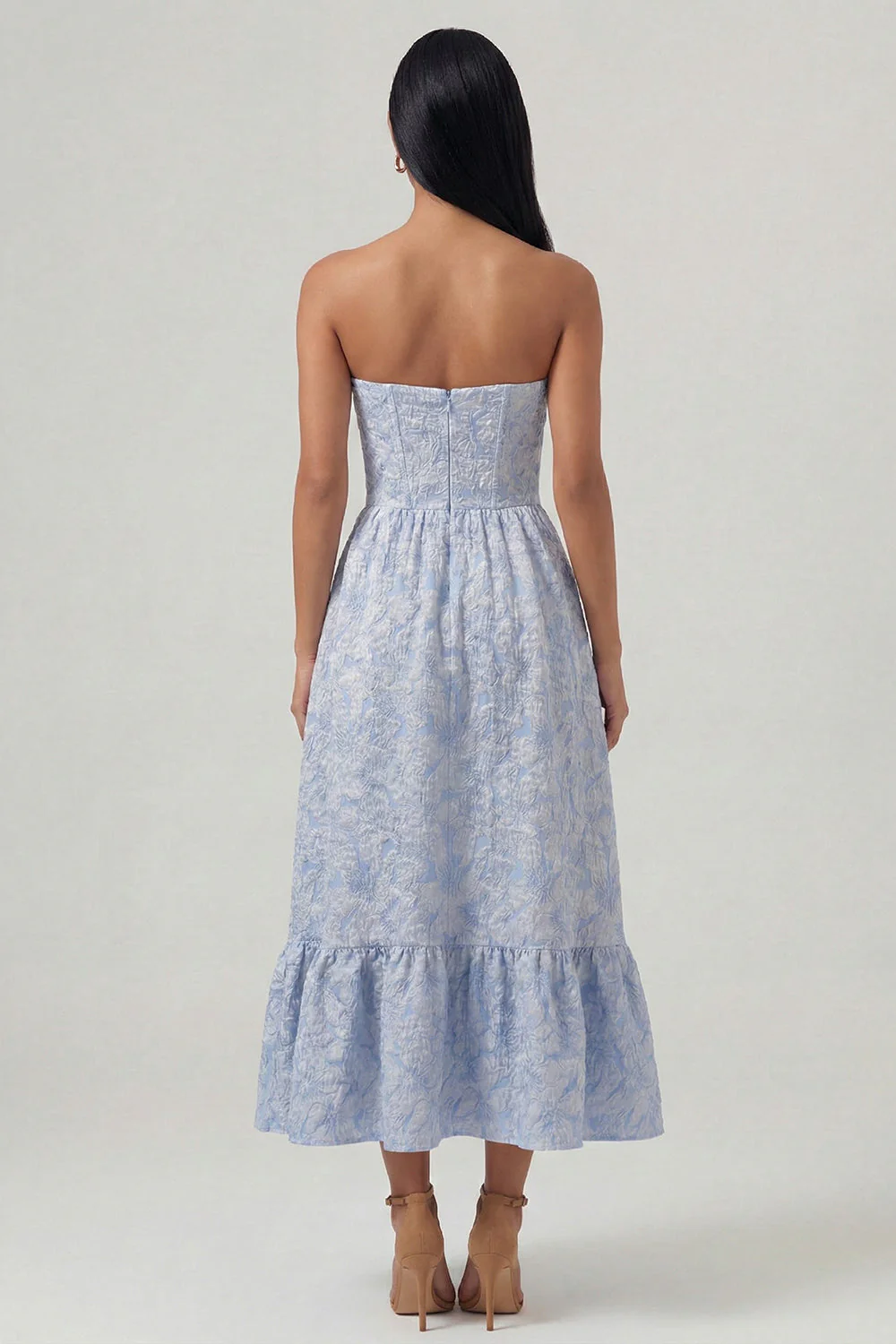 Strapless Blue Jacquard A Line Corset Midi Dress with Ruffles - Image 2