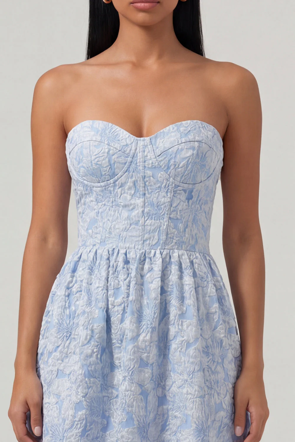 Strapless Blue Jacquard A Line Corset Midi Dress with Ruffles - Image 3