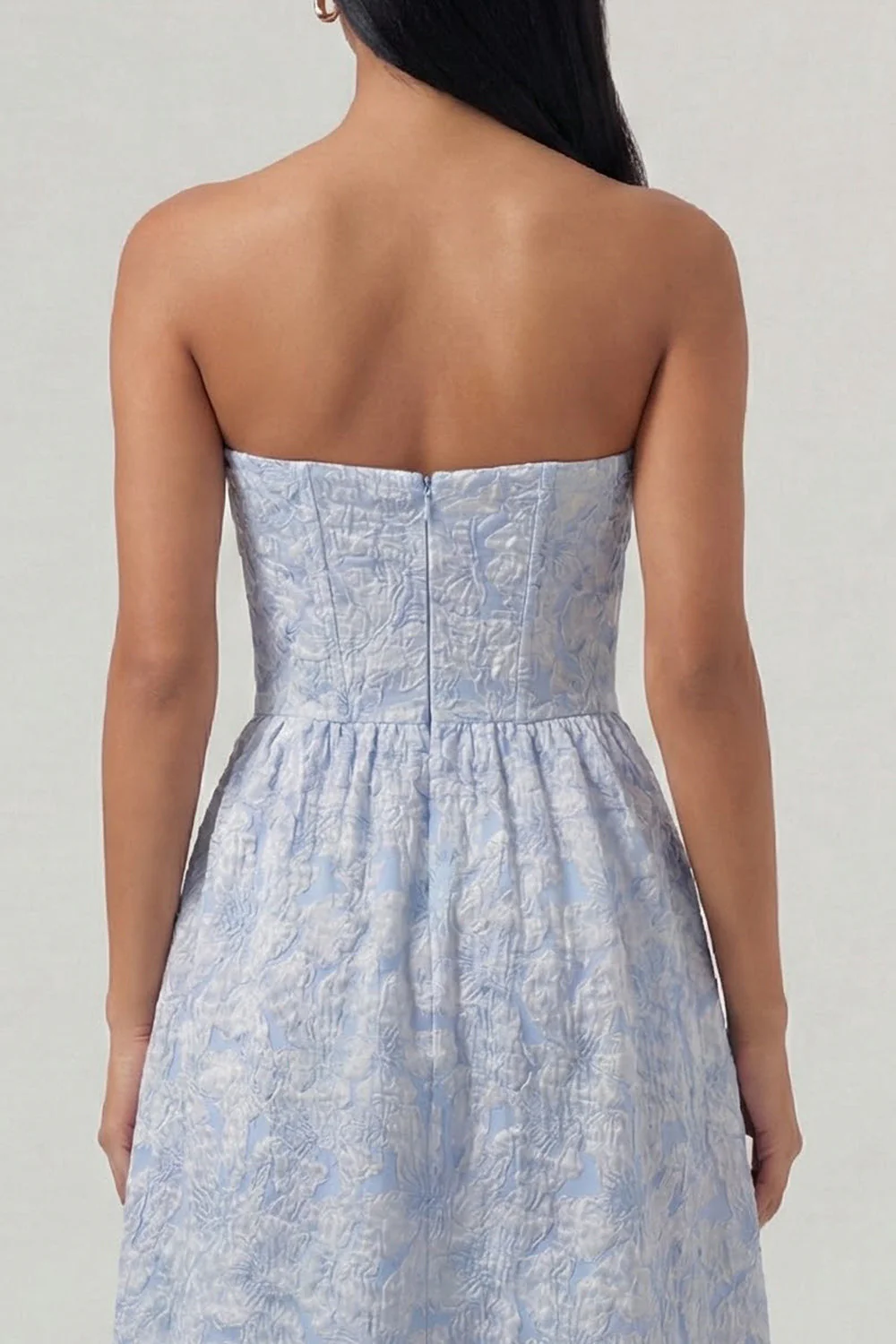 Strapless Blue Jacquard A Line Corset Midi Dress with Ruffles - Image 4