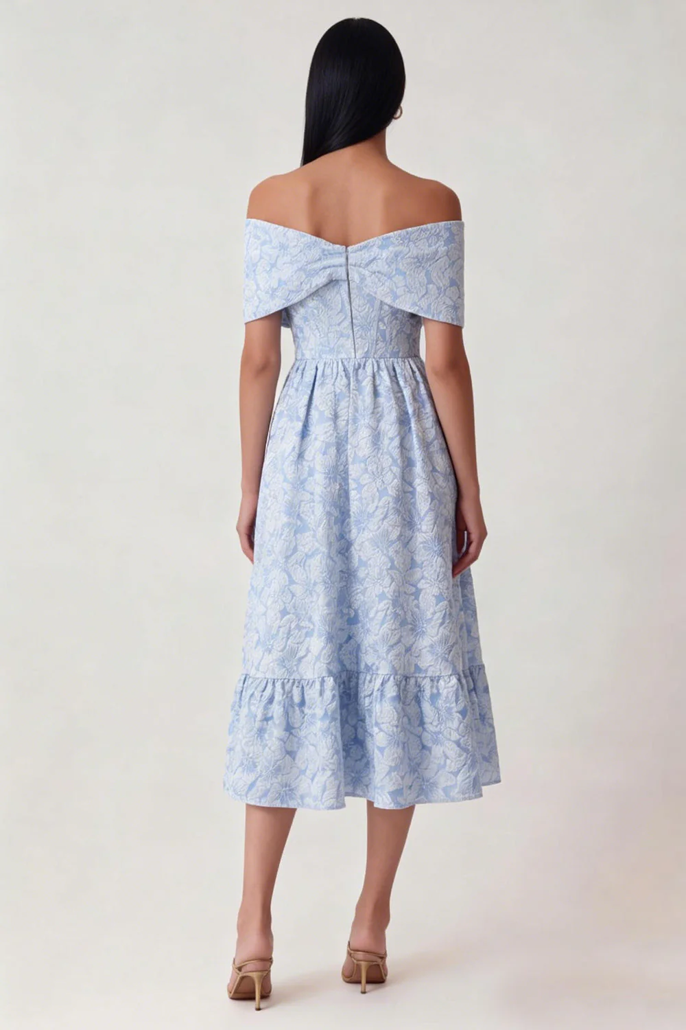 Blue Off the Shoulder Jacquard A Line Corset Midi Dress with Ruffles - Image 2