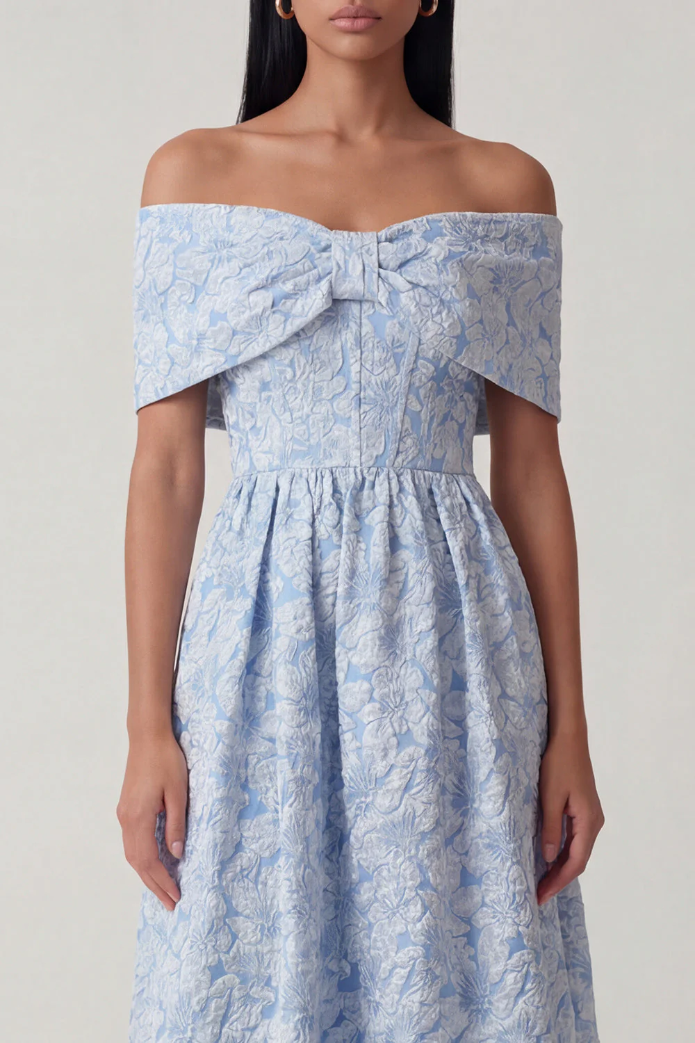 Blue Off the Shoulder Jacquard A Line Corset Midi Dress with Ruffles - Image 3
