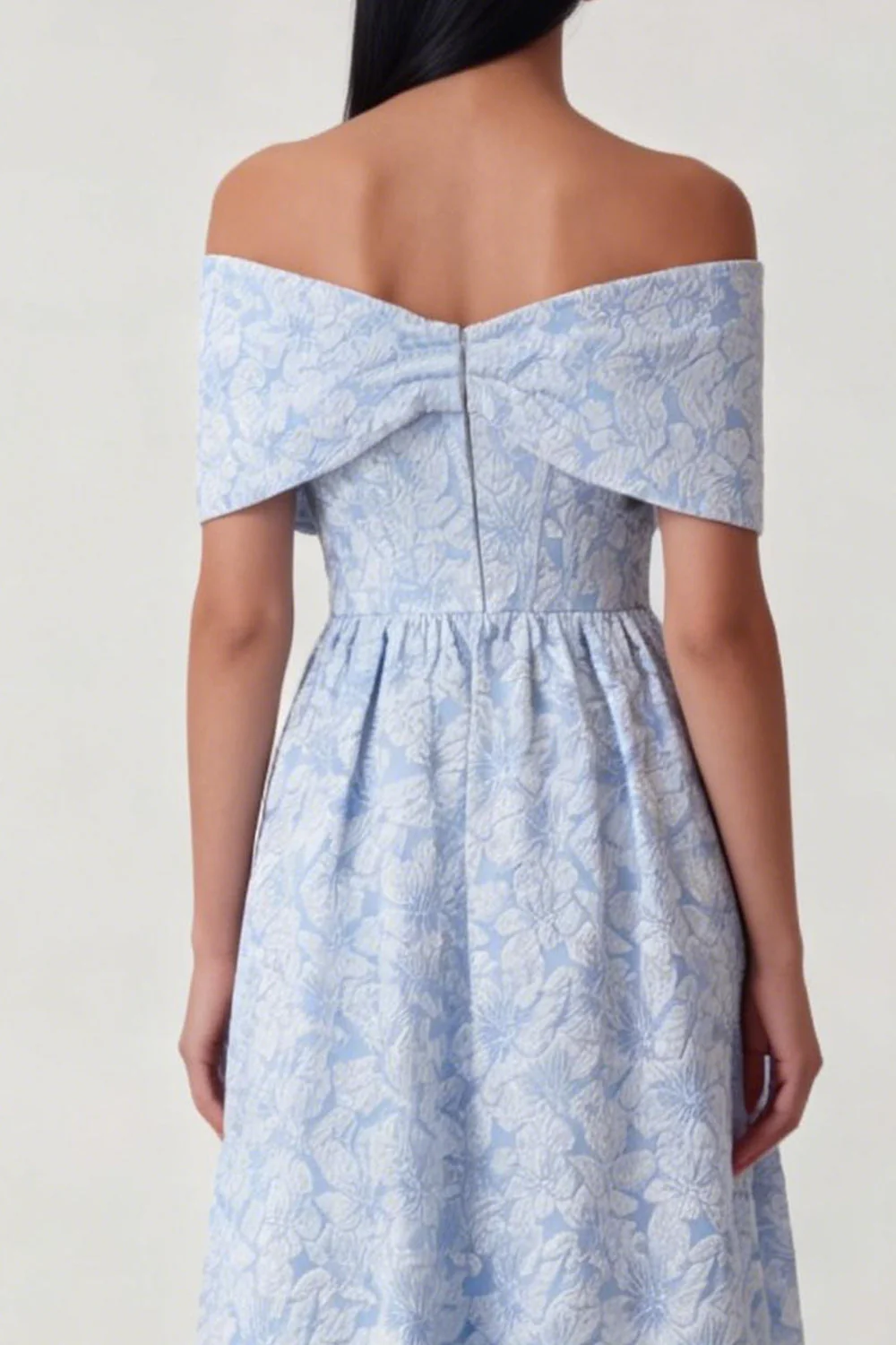 Blue Off the Shoulder Jacquard A Line Corset Midi Dress with Ruffles - Image 4