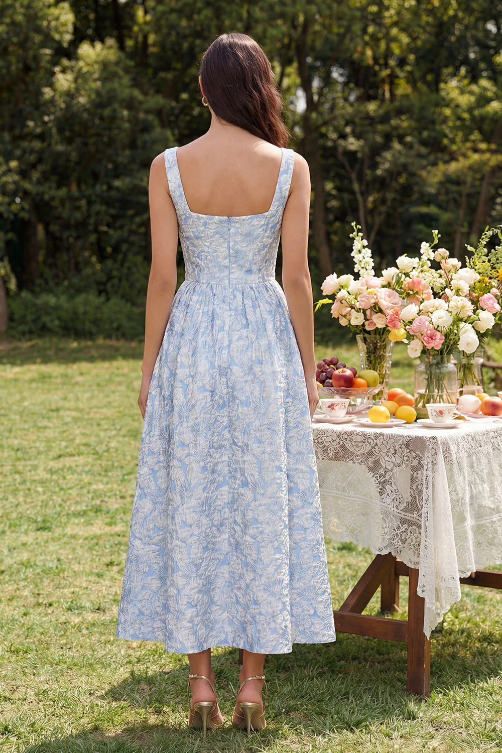 Blue A Line Jacquard Square Neck Midi Dress - Image 2