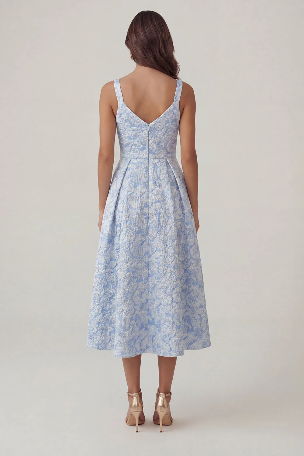 Blue Jacquard A Line V Neck Ruched Midi Dress - Image 2