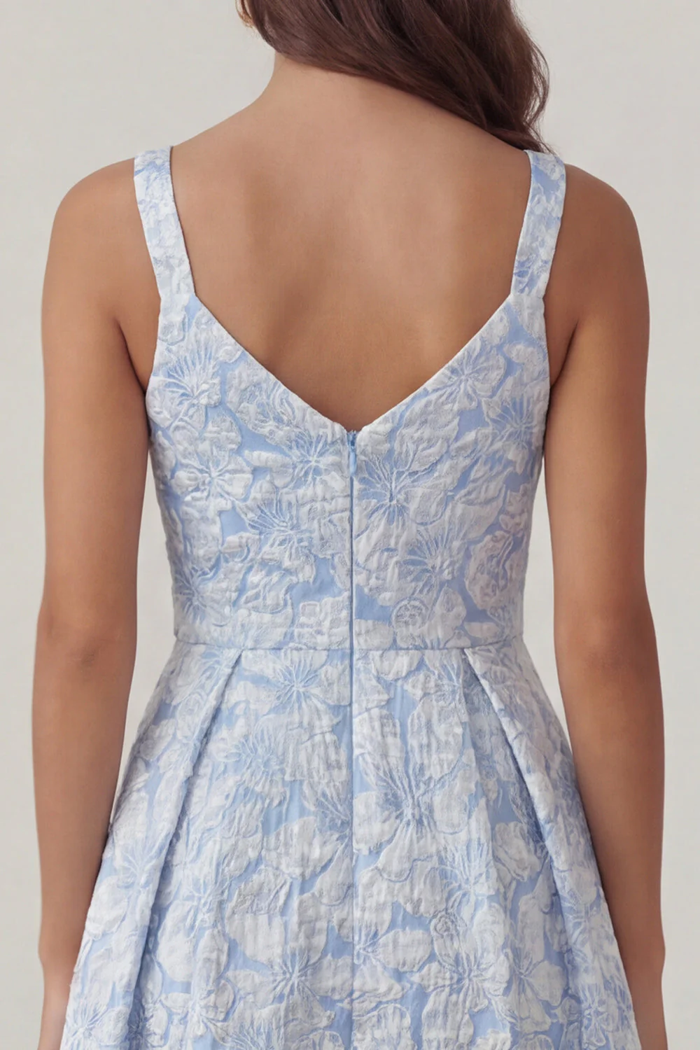 Blue Jacquard A Line V Neck Ruched Midi Dress - Image 4
